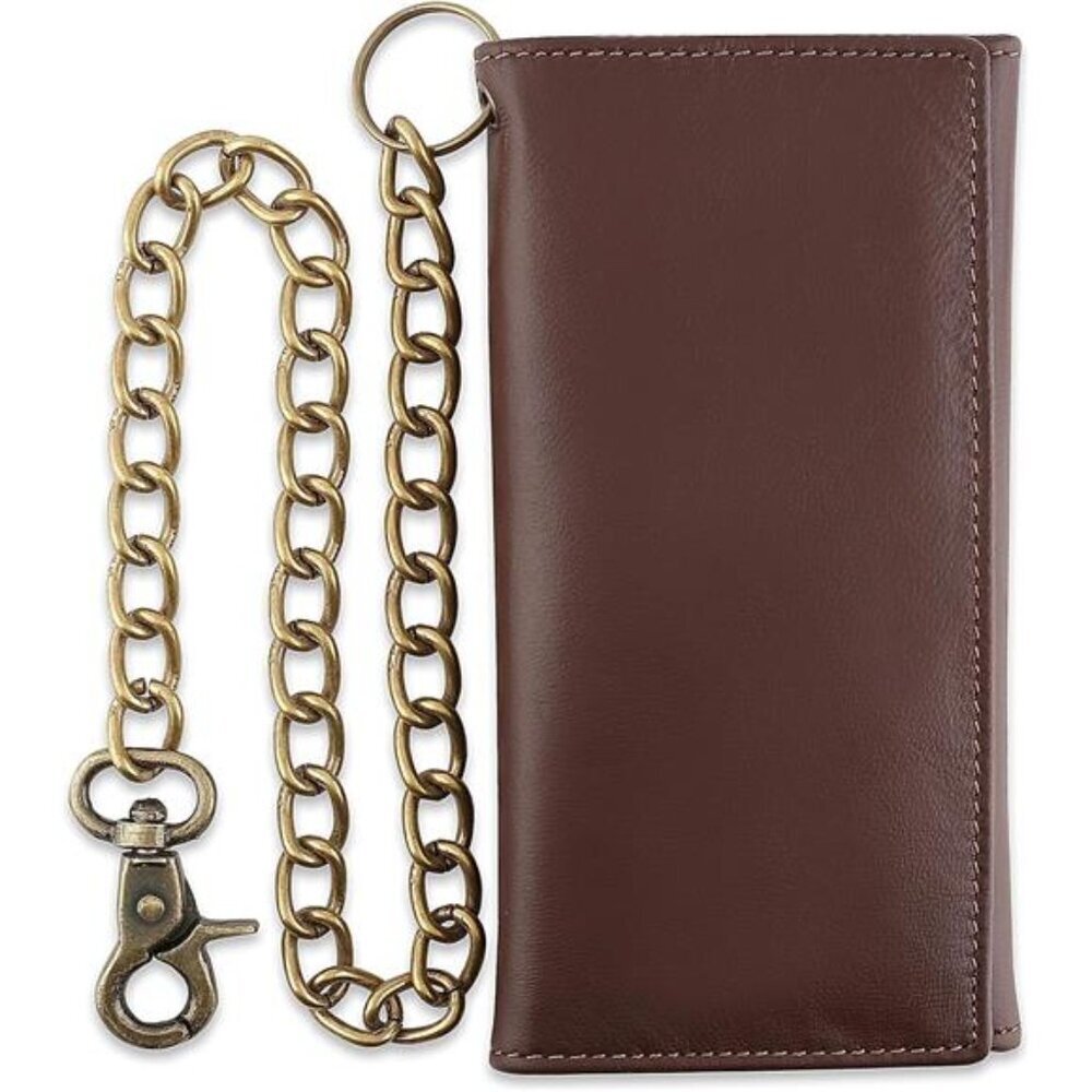 Men's Tri-fold Long Style Cowhide crazy horse Leather Steel Chain Wallet